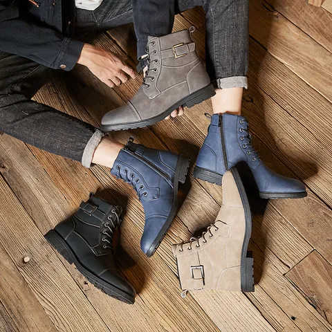 Men British Style Martin Boots Retro Work Boots Round Toe Side Zipper High Top Non-Slip Casual Leather Boots
