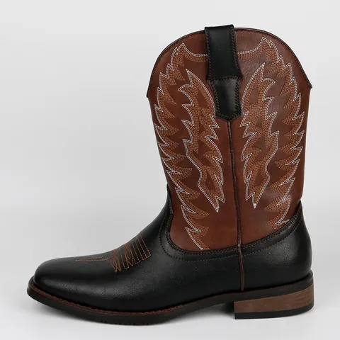Men's Vintage Western Cowboy Boots Square Toe Embroidered Mid-Calf PU Leather Color Block Chunky Heel Fashion Men Boots