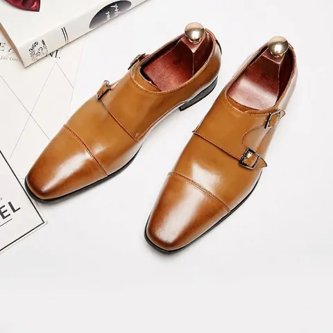 Men Genuine Leather Double Monk Strap Business Dress Shoes Classic Cap-toe Formal Shoes For Office Wedding Banquet Party
