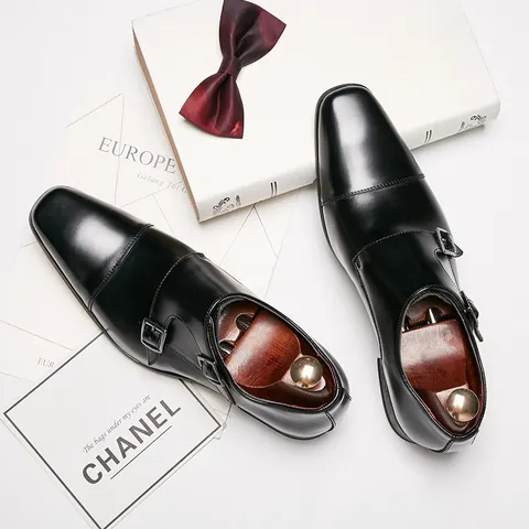 Men Genuine Leather Double Monk Strap Business Dress Shoes Classic Cap-toe Formal Shoes For Office Wedding Banquet Party