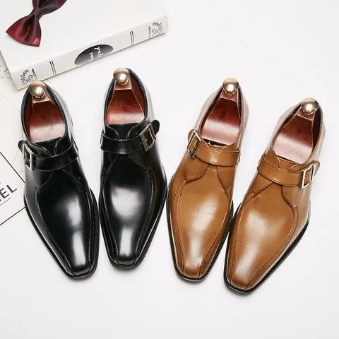 Men Business Formal Monk Strap Shoes Genuine Leather Pointed Toe Single Buckle Dress Shoes For Wedding Office Gentleman