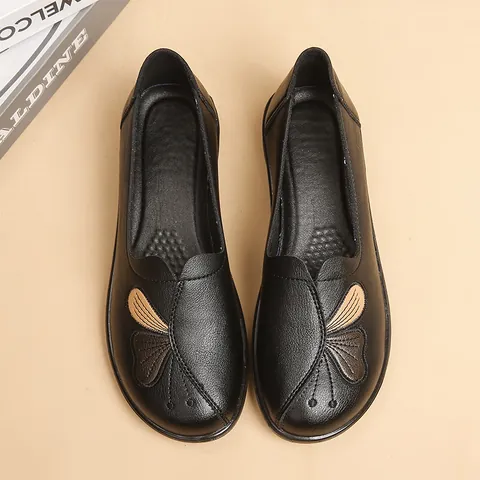 Women Microfiber Leather Flat Shoes For Elderly Non Slip Comfortable Butterfly Embroidery Casual Loafers Soft Sole Mama Shoes