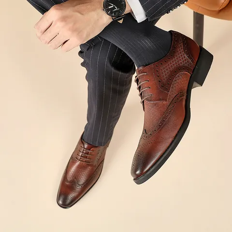 Men Brogue Derby Shoes Genuine First-layer Cowhide Leather Formal Business Wingtip Carved Lace Up Professional Dress Shoes