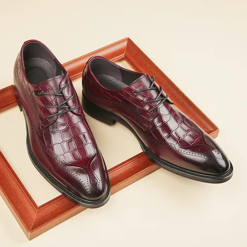 Men's Genuine Cowhide Leather Brogue Derby Shoes British Style Hand Carved Crocodile Embossed Business Formal Dress Shoes