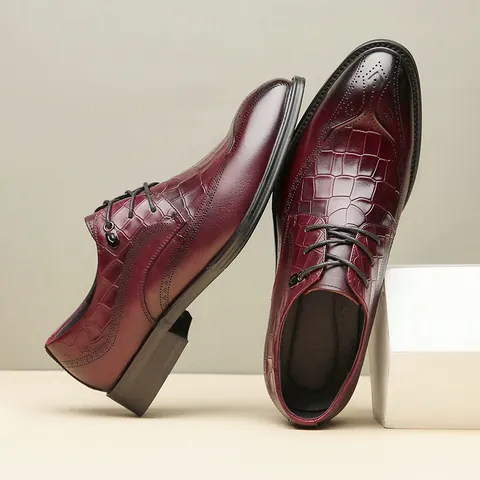 Men's Genuine Cowhide Leather Brogue Derby Shoes British Style Hand Carved Crocodile Embossed Business Formal Dress Shoes