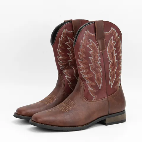 Men Retro Western Cowboy Boots Embroidery PU Leather Color-Blocking Mid-Calf Knight Boots Wear-Resistant Outdoor Casual Shoes