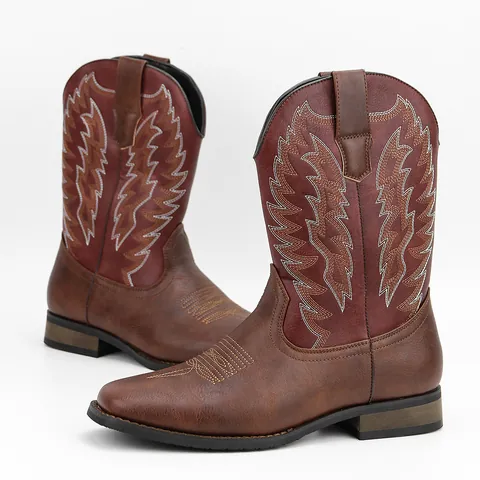 Men Retro Western Cowboy Boots Embroidery PU Leather Color-Blocking Mid-Calf Knight Boots Wear-Resistant Outdoor Casual Shoes