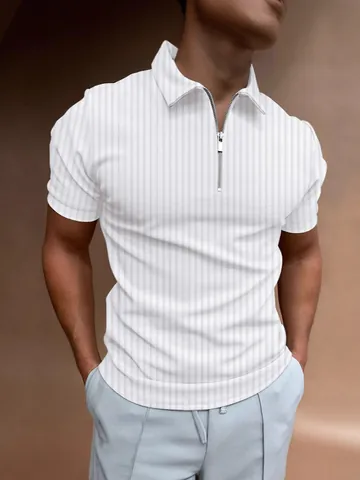 Men Slim Fit Cotton Polo Shirt Short Sleeve Half Zipper Vertical Stripe Casual Business Sporty Top For Summer