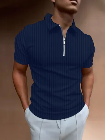 Men Slim Fit Cotton Polo Shirt Short Sleeve Half Zipper Vertical Stripe Casual Business Sporty Top For Summer