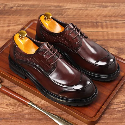 Zapatos de Cuero Formales para Hombre de Cuero de Vaca Genuino Patrón de Cocodrilo Suela Gruesa Antideslizantes con Cordones Otoño Invierno Casual Oficina