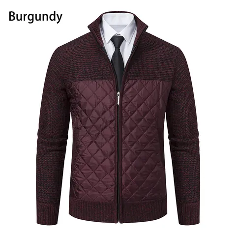 Men Fleece Lined Knitted Cardigan Jacket Slim Fit Stand Collar Quilted Patchwork Sweater Casual Warm Winter Outerwear Top