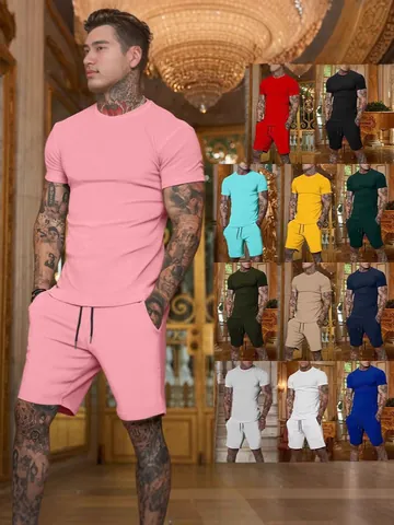 Set Sportivo Parte Superiore E Inferiore Uomo Poliestere Tinta Unita Maglietta Manica Corta E Pantaloncini Estate Casual