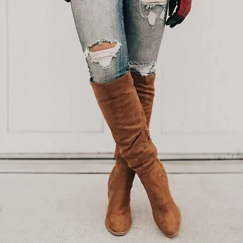 Botas Altas de Caballero de Gamuza con Tacón Grueso para Mujer Punta Puntiaguda Cremallera Lateral Hasta la Rodilla Invierno Moda Adelgazante