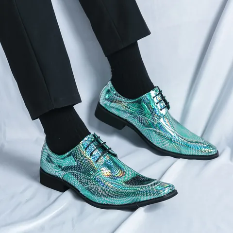 Chaussures Décontractées de Style Britannique pour Hommes Texture Nid d'Abeille Laser Holographique Cuir PU Lacets Bout Carré Chaussures de Fête Formelles Semelle en Caoutchouc