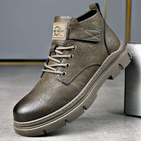 Botas Martin de Cuero Vintage para Hombre Otoño Invierno High Top Botas de Trabajo Cálido Forro de Felpa Zapatos Casuales Cordones Velcro