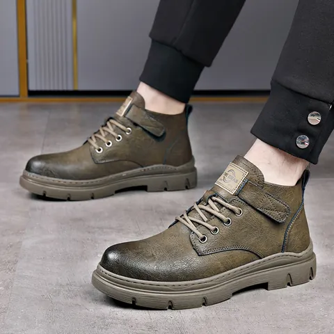 Botas Martin de Cuero Vintage para Hombre Otoño Invierno High Top Botas de Trabajo Cálido Forro de Felpa Zapatos Casuales Cordones Velcro