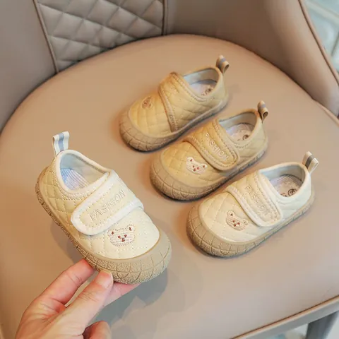 Baby Toddler Shoes Microfiber Leather Soft Sole Casual Shoes Bear Embroidery Quilted Hook Loop For Infant Boys Girls