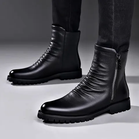 Herren Winter Rindsleder Martin Boots High Top Seitenreißverschluss Wolle Fleece Gefüttert Warm Lässig Rutschfest Dicke Sohle Stiefel
