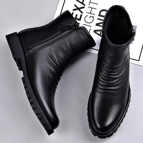 Herren Winter Rindsleder Martin Boots High Top Seitenreißverschluss Wolle Fleece Gefüttert Warm Lässig Rutschfest Dicke Sohle Stiefel