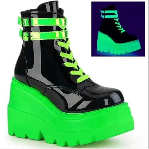 Women Platform Martin Boots Punk Gothic Chunky Mid Calf Boot Lace Up Side Zipper PU Leather Retro Streetwear Fashion Shoes