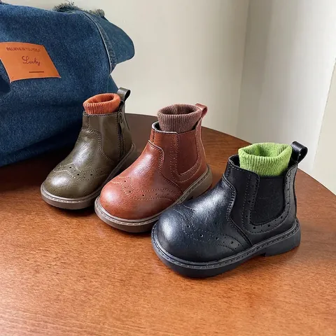 Bottines Martin pour Enfants en Cuir Brogue Rétro Style Britannique Chaussures de Bébé Antidérapantes Semelle Souple Zip
