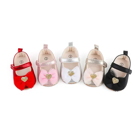 Baby Girl Princess Shoes Toddler First Walkers Soft Sole Bowknot Heart Sequin Mesh Wedding Party Dress Shoes For 0-1 Year Old Infants
