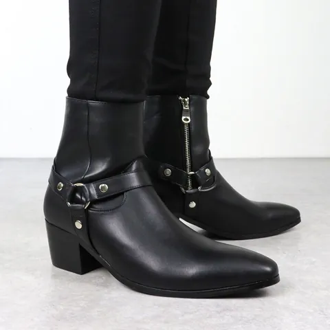 Herren Chelsea Boots mit Spitzer Zehe Harness Britischer Stil Seitlicher Reißverschluss Blockabsatz Schnalle PU-Leder Stiefeletten