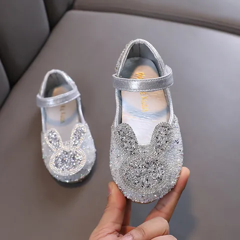 Girls Princess Rhinestone Shoes Rabbit Ears Dress Shoes Velcro Non-Slip Sparkling Dance Shoes Wedding Party Mary Jane Flats