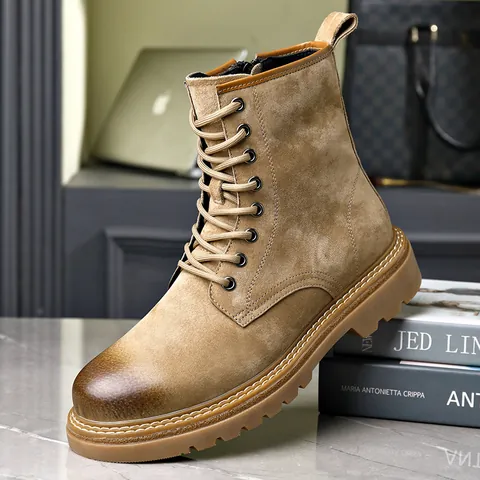 Botas Martin para Hombre Retro Nubuck Piel de Cerdo Botas de Trabajo Altas Cremallera Lateral Cordones Suela de Goma Antideslizante Botas de Moda Casual