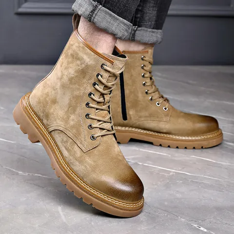 Botas Martin para Hombre Retro Nubuck Piel de Cerdo Botas de Trabajo Altas Cremallera Lateral Cordones Suela de Goma Antideslizante Botas de Moda Casual