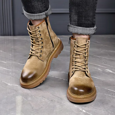 Herren Lässige Schweinsleder Martin Boots Hochgeschnittene Arbeitsschuhe Seitenreißverschluss Schnürung Rutschfeste Gummisohle Gelb Schwarz Outdoor Mode