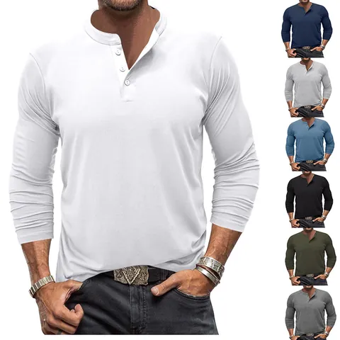 Herren Langarm Henley Shirt Einfarbig Slim Fit Polyester Lässiges T-Shirt Knopf Rundhals Top