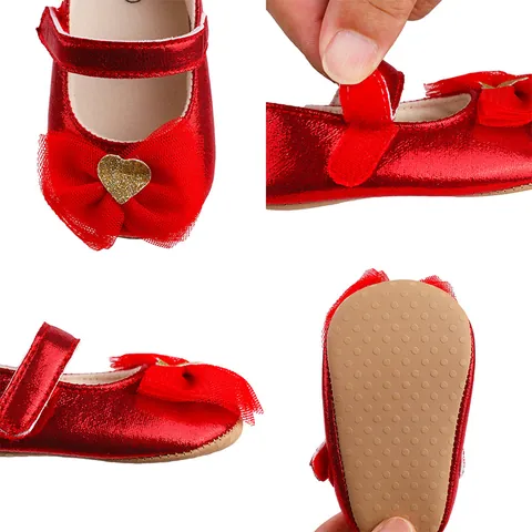 Infant Baby Girl Princess Shoes Anti-Slip Soft Rubber Sole Toddler First Walkers With Large Mesh Bow And Gold Heart Glitter