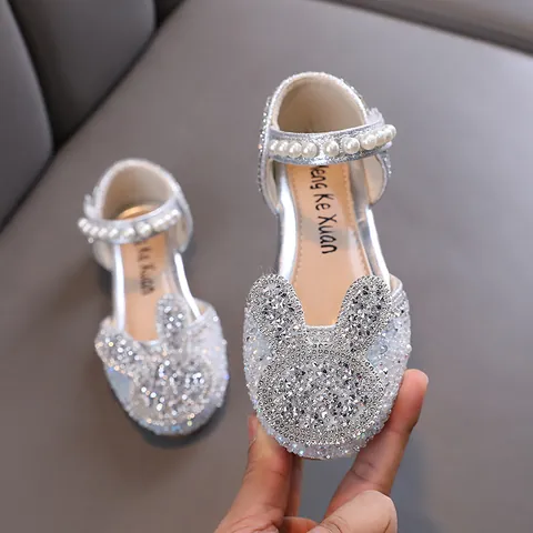 Girls Princess Shoes Cartoon Rhinestone Bunny Ears Pearl Decor Kids Dance Performance Sandals Silver Pink Black