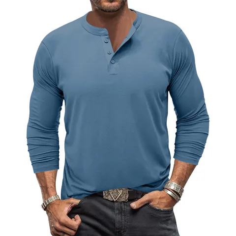 Herren Langarm Henley Shirt Einfarbig Slim Fit Polyester Lässiges T-Shirt Knopf Rundhals Top