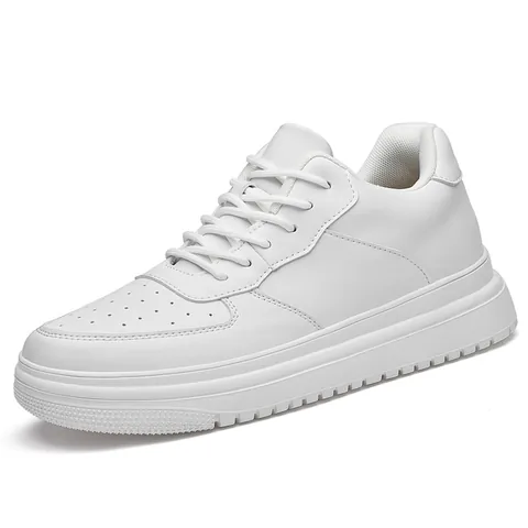 Men Cowhide Invisible Height Increase Board Shoes Breathable Fashion White Gray Sneakers Leather Stitching Casual Sport Shoes