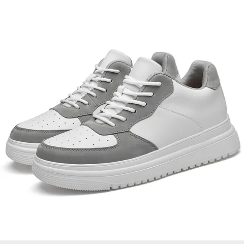 Men Cowhide Invisible Height Increase Board Shoes Breathable Fashion White Gray Sneakers Leather Stitching Casual Sport Shoes