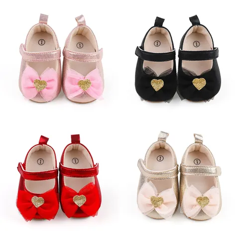 Infant Baby Girl Princess Shoes Anti-Slip Soft Rubber Sole Toddler First Walkers With Large Mesh Bow And Gold Heart Glitter