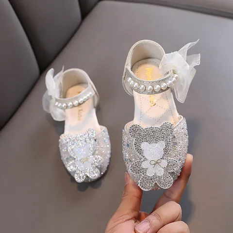 Chaussures de Princesse pour Filles avec Ours en Strass et Perles Artificielles Chaussures de Danse en Cuir Synthétique pour Enfants
