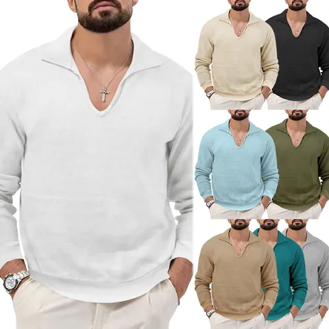 Men Waffle Knit Long Sleeve Polo Shirt Casual V Neck Solid Color Basic Fashion Urban Style Breathable Comfortable Top