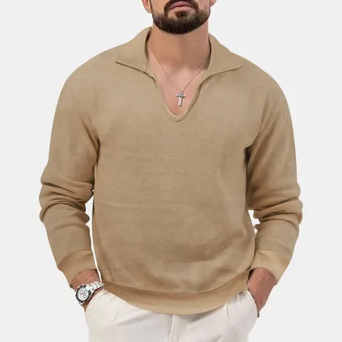 Men Waffle Knit Long Sleeve Polo Shirt Casual V Neck Solid Color Basic Fashion Urban Style Breathable Comfortable Top