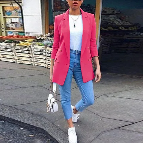 Women's Mid-Length Polyester Blazer Elegant Notched Lapel Double-Breasted Long Sleeve Casual Office Lady Suit Jacket Outwear
