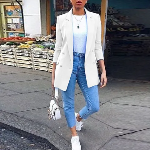 Women's Mid-Length Polyester Blazer Elegant Notched Lapel Double-Breasted Long Sleeve Casual Office Lady Suit Jacket Outwear