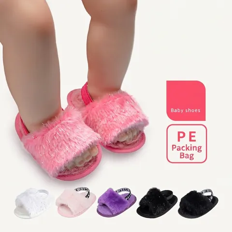 Baby Faux Fur Sandals Soft Sole Infant Prewalker Shoes Toddler Elastic Back Strap First Walkers Newborn Fluffy Slides Shoes