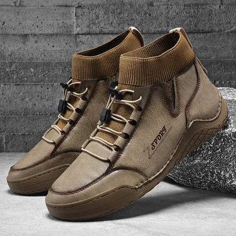 Men's British Style Martin Boots Outdoor Work Boots Sock Cuff Design Synthetic Leather Rubber Sole Fashion Casual Ankle Boots For Autumn