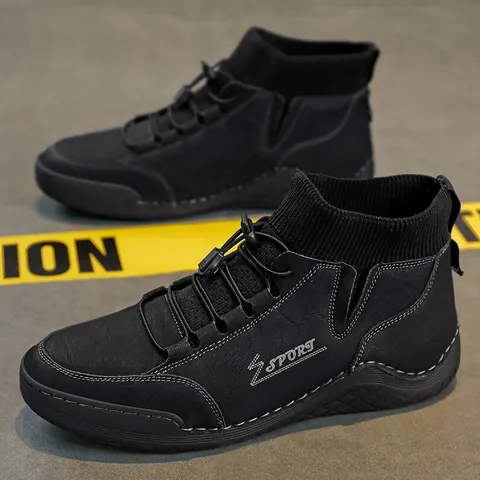 Men's British Style Martin Boots Outdoor Work Boots Sock Cuff Design Synthetic Leather Rubber Sole Fashion Casual Ankle Boots For Autumn