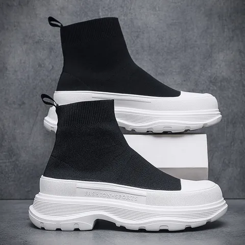 Men High Top Sock Sneakers Breathable Mesh Knitted Upper Thick Sole Height Increasing Slip-on Casual Fashion Sports Shoes
