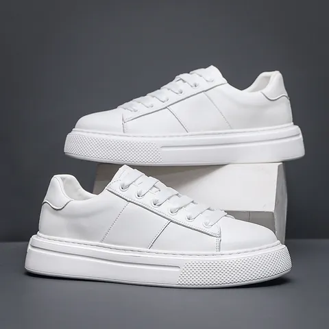 Men Split Leather White Board Shoes Thick Sole Casual Sneakers Minimalist Fashion Sporty Versatile Round Toe Lace Up Shoes