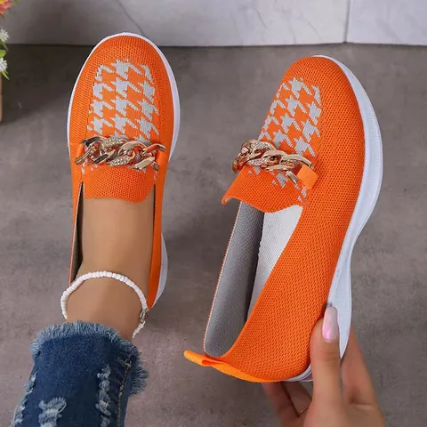 Mocassins Respirants en Maille pour Femmes Avec Chaîne en Métal et Motif Pied-de-poule Baskets à Enfiler à Semelle Épaisse pour Activités de Plein Air Décontractées Chaussures de Printemps Été Élégantes