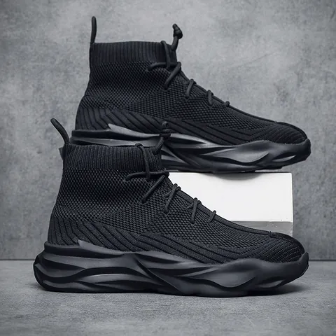 Men High Top Sock Sneakers Breathable Mesh Sports Casual Shoes Lightweight Thick Sole Walking Shoes Trendy Fashion Sneakers